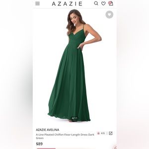 Azazie avelina dark green floor length dress chiffon- like new, worn once